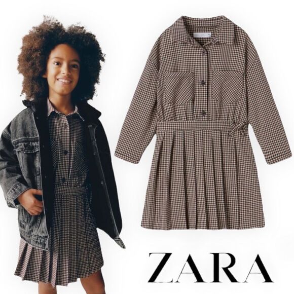 ZARA Kids | Brown | PLAID BOX SHIRT DRESS - Picture 1 of 11